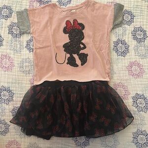 Disney Black With Red Bow Skirt & Pink Top With Sequin Black & Red Minnie Mouse